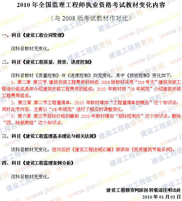 2010年全國(guó)監(jiān)理工程師執(zhí)業(yè)資格考試教材變化內(nèi)容