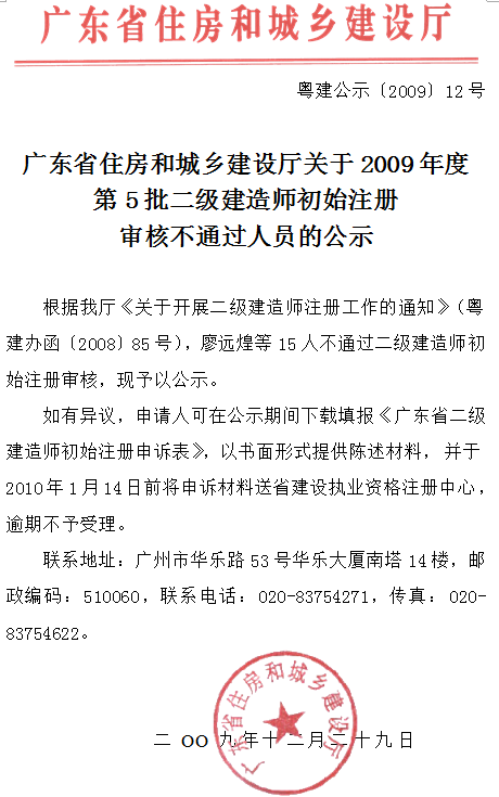 關(guān)于2009年度第5批二級建造師初始注冊審核不通過人員的公示