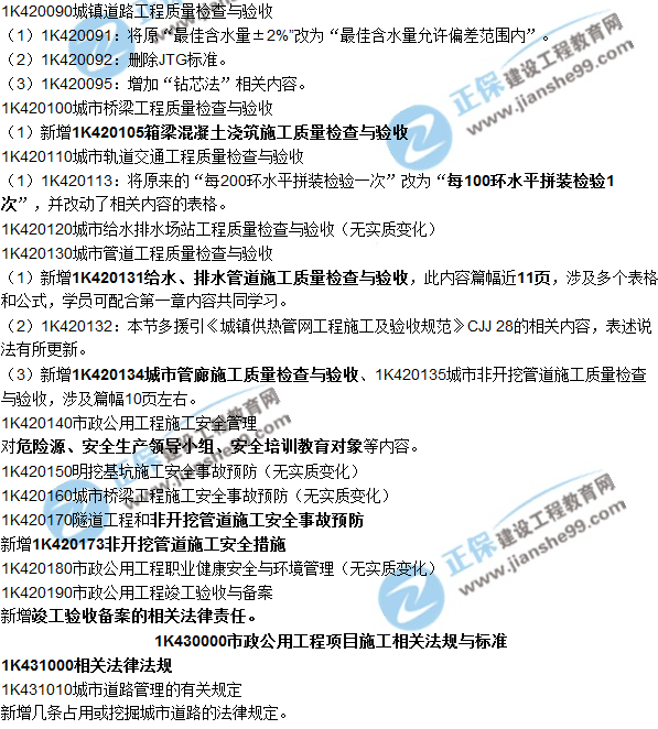 2018一建教材對比解析核心變化文字版--《市政公用工程》