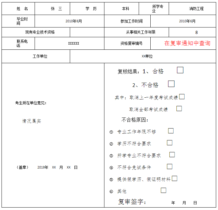 重慶市一級注冊消防工程師考試報名條件復(fù)審表