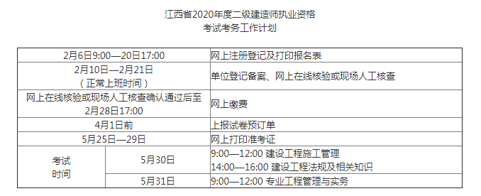 江西2020年二級(jí)建造師考試安排