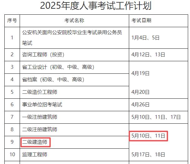 2025年浙江二級建造師考試時間5月10日、11日